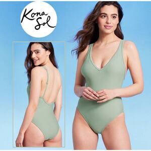 KONA SOL V-Neck High Leg One Piece Swimsuit Sage Green Size Large 12/14